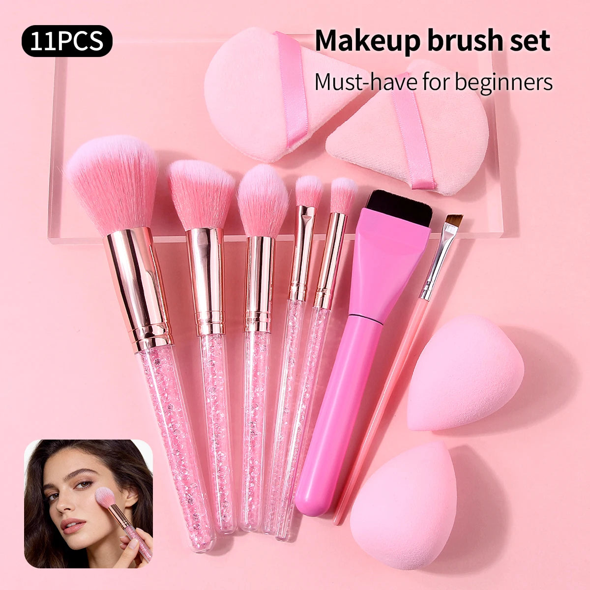 11Pcs Pink Makeup Brush Set with Sponge & Puff, Professional Glitter Handle Brushes for Foundation, Eyeshadow, Blush, Full Face Pi-Mart