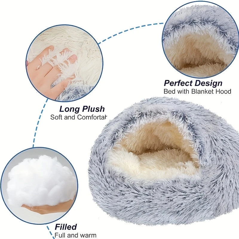 Plush Hooded Cat Cave Bed Round Semi‑Enclosed Shell Pet Nest Washable Anti‑Slip Warm All Season Sleeping Bed For Cats Small Dogs Pi-Mart