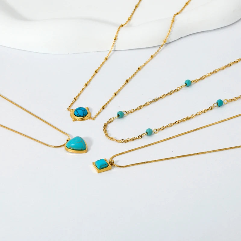 Stylish 18k Gold Plated Stainless Steel Blue Natural Stone Geometric Pendant Necklace for Women Waterproof  Collar Jewelry Gift Pi-Mart