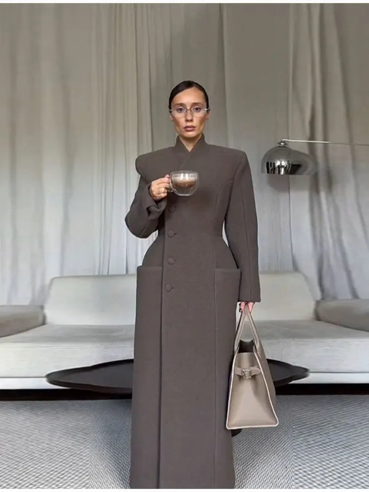 Women's Long Coat Slim V Neck Single Breasted Overcoats Shoulder Pad Maxi Jackets with Belt 2025 New Winter Lady Commute Outwear LadyShow.Store