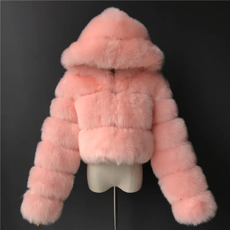 High Quality Furry Cropped Faux Fur Coats Jackets Women Fluffy Top With Hooded Winter Fur Jackets Fourrure Manteau Femme JH137 Pi-Mart