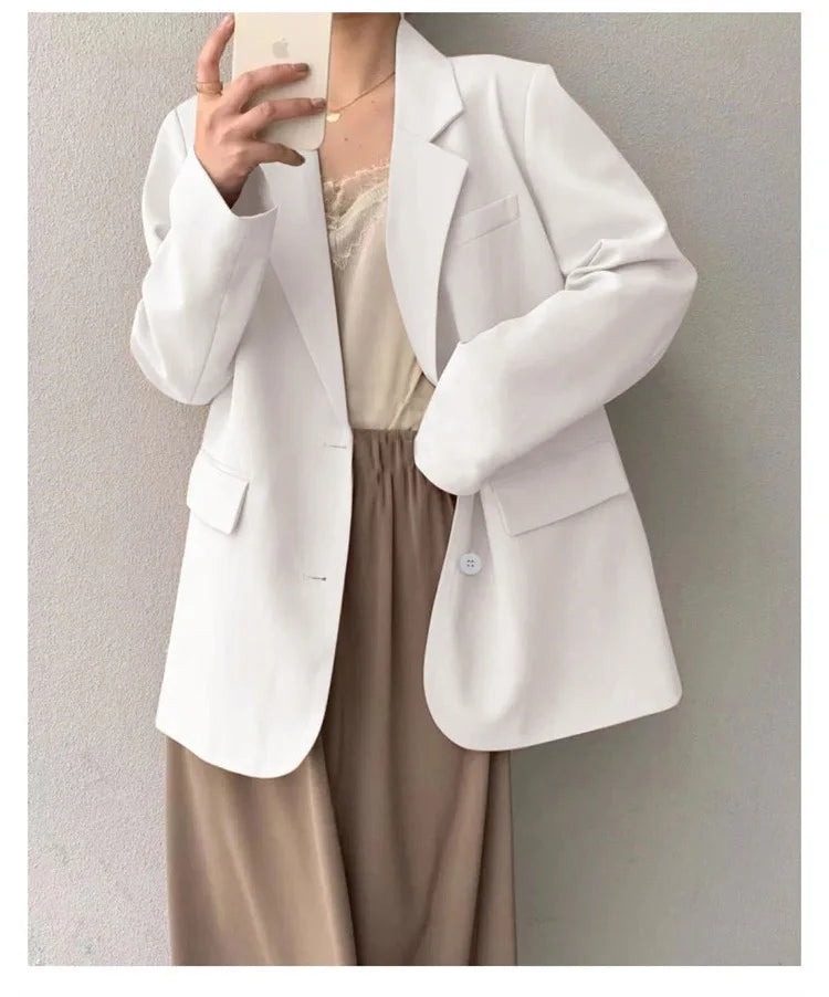 Mid Length Blazer Jacket Women Solid Long Sleeve Pocket Lapel Single Beasted Formal Coat Outerwear Loose Work Casual Blazers Pi-Mart