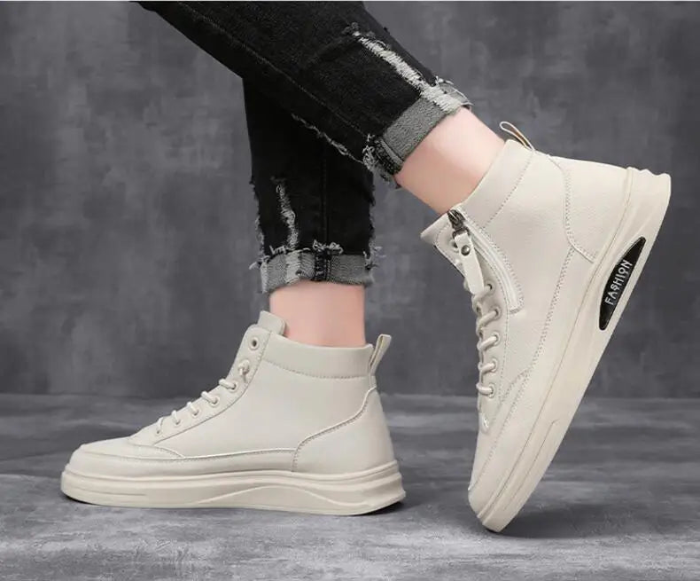 Men Boots Autumn High Top Leather Casual Shoes Fashion Cotton Shoes Flat Ankle Boots Business Outdoor Shoes Man Sneakers New Pi-Mart