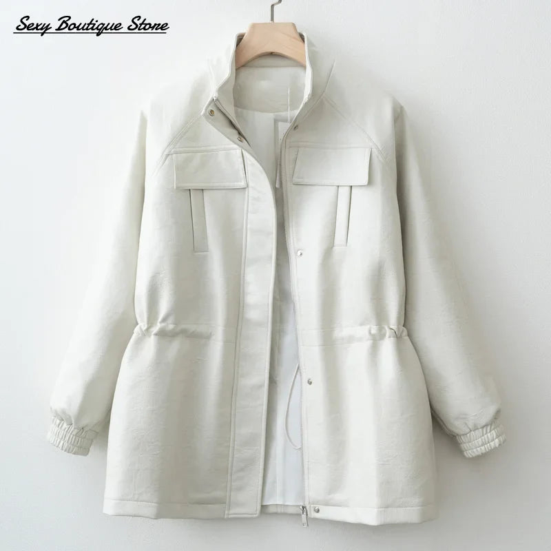 Autumn Winter Pu Leather Jacket For Women Solid Full Sleeve Elastic Adjustable Waist Coat 2025 New Lady Fashion Casual Outwears LadyShow.Store