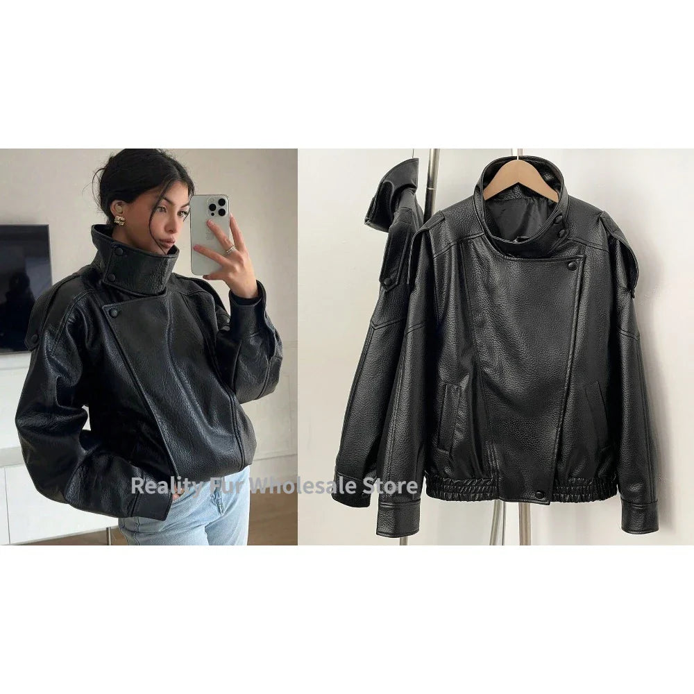 Fake leather Coat Women Y2k Faux Leather Jacket New Casual PU Jacket Motorcycle Style Leather Jacket Pebble Fall Personality LadyShow.Store