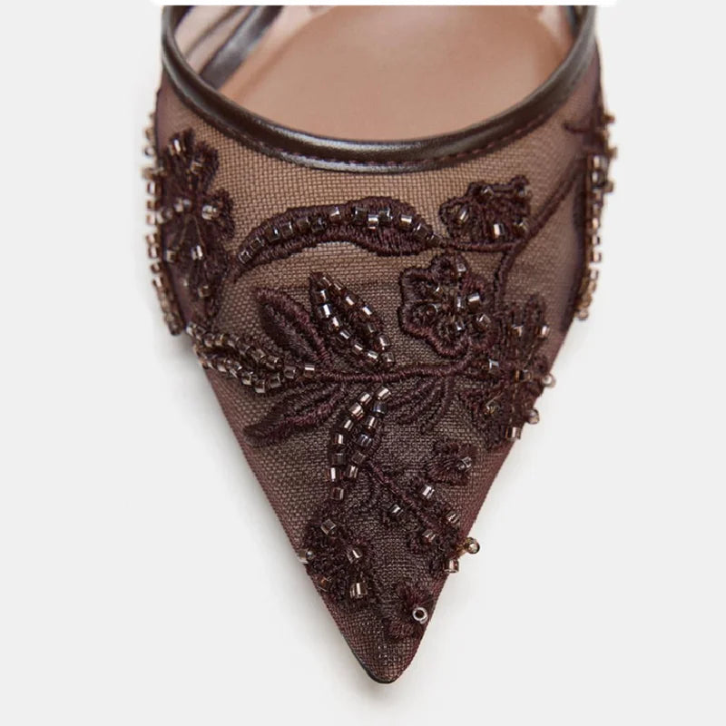 Sexy Pointed Toe Mesh Embroider High Heels for ladies Elegant String Bead pumps Summer Luxury Designer Shoe Brown Heeled Sandals LadyShow.Store