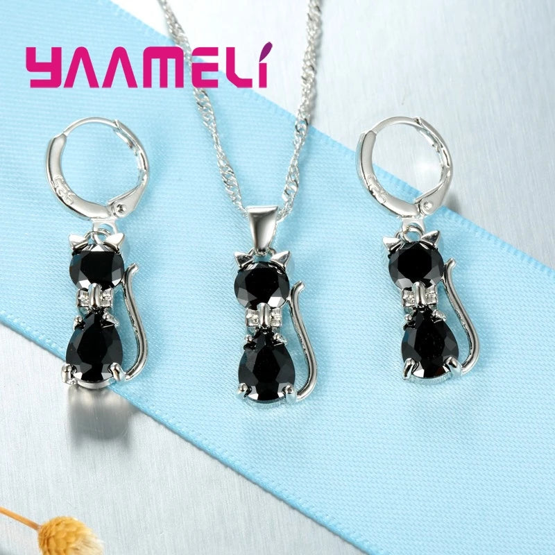 Real 925 Sterling Silver Color Jewelry Sets for Woman Girls Shining Austrian Crystal Cute Cat Pendant Necklace Huggie Earring Pi-Mart