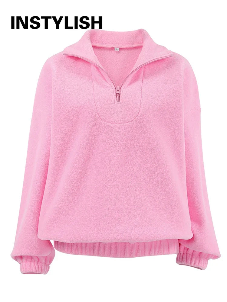Women Autumn Winter Fleece Hoodies Elegant Stand Collar Zipper Loose Sweatshirt Elegant Solid Pullover Casual Top Streetwear LadyShow.Store