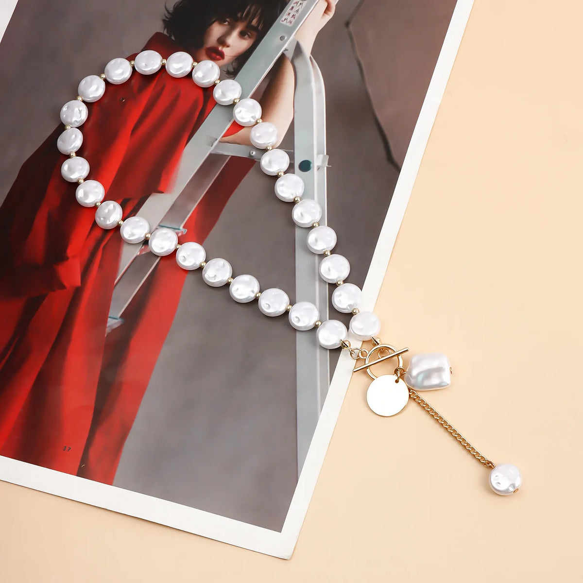 Kpop Imitation Pearl Beaded Pendant Necklace Moon Metal Link Splicing Choker for Women Ladies Jewelry Wedding Pi-Mart