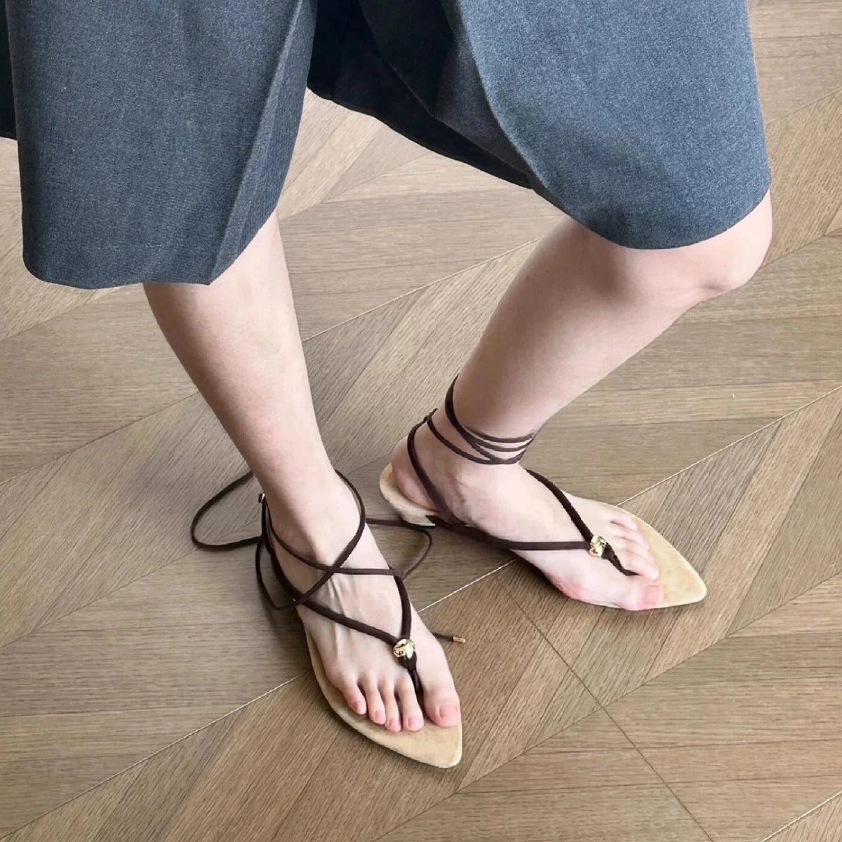 Women's Brown Lace-Up Thong Pointed Toe Wedge Heel Sandals Elegant Classic Clip-Toe Design Ladies Summer Retro Casual Shoes Pi-Mart