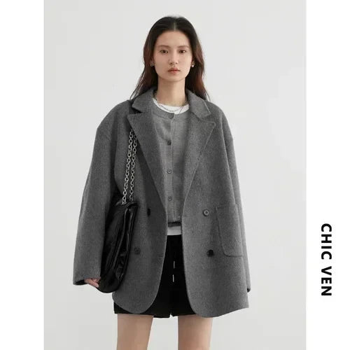 CHIC VEN Women's Woolen Coats Fashion Solid Loose Warm Jackets Korean Casual Office Lady Female Clothing Spring Autumn New 2026 LadyShow.Store