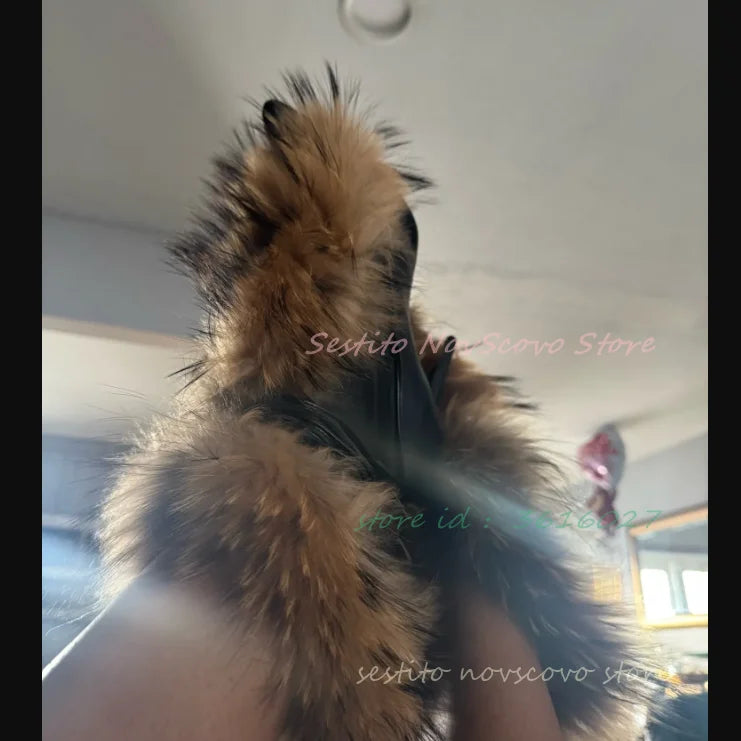 Pointed Toe Fur Mid Calf Boots Stiletto Heels Ankle Straps Fashion Warm Shoes In Winter Solid Plush Sexy Party Dress Shoes Pi-Mart