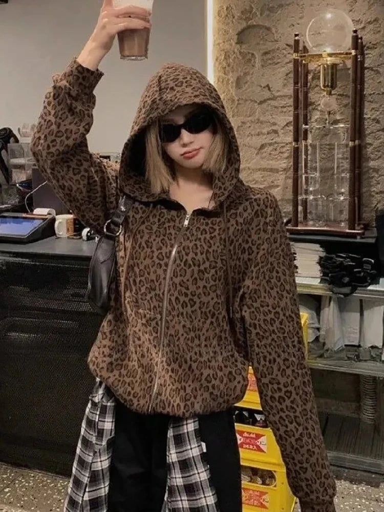 Y2K Leopard Print Hooded Jacket Women Full Zip Drawstring Hood Long Sleeve Loose Fit Streetwear Street Club Ladies Outerwear Pi-Mart