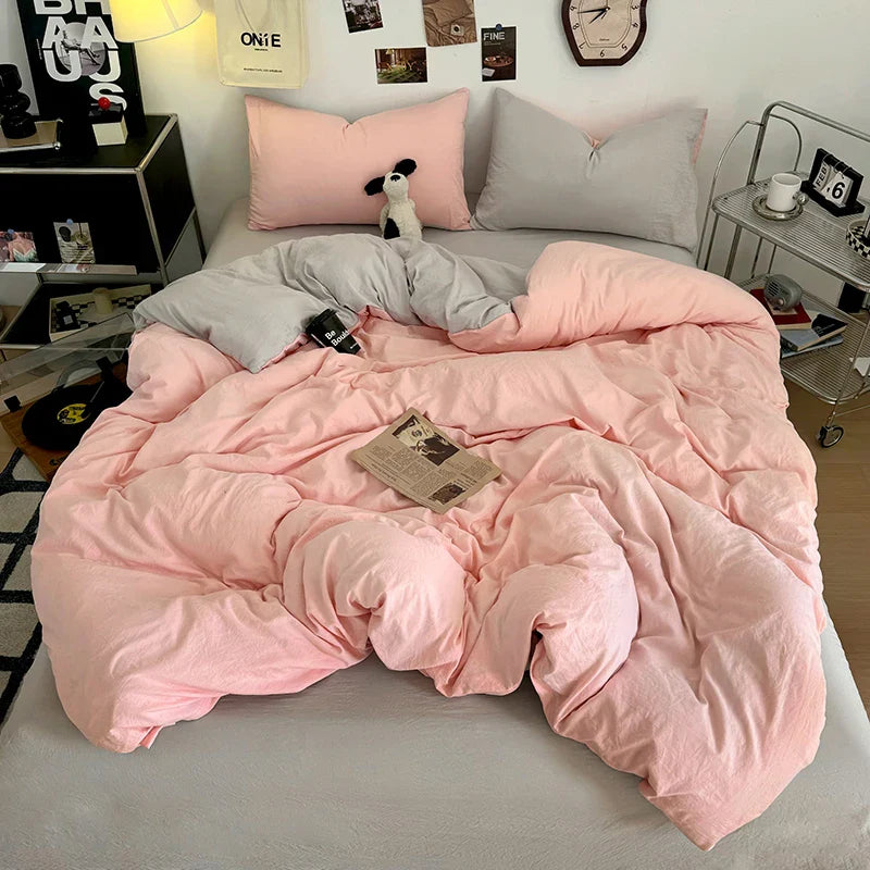 Washed Cotton Bedding Set with Pillowcase bed sheet Single Full Size Bed Linen Duvet Cover Set Queen/King Double Single Bed LadyShow.Store