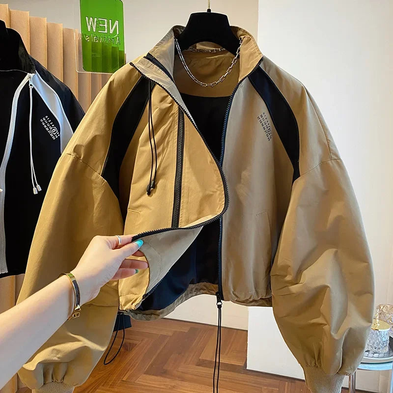 Design  niche loose casual stand up collar trench coat, women's spring and autumn short jacket double zipper LadyShow.Store