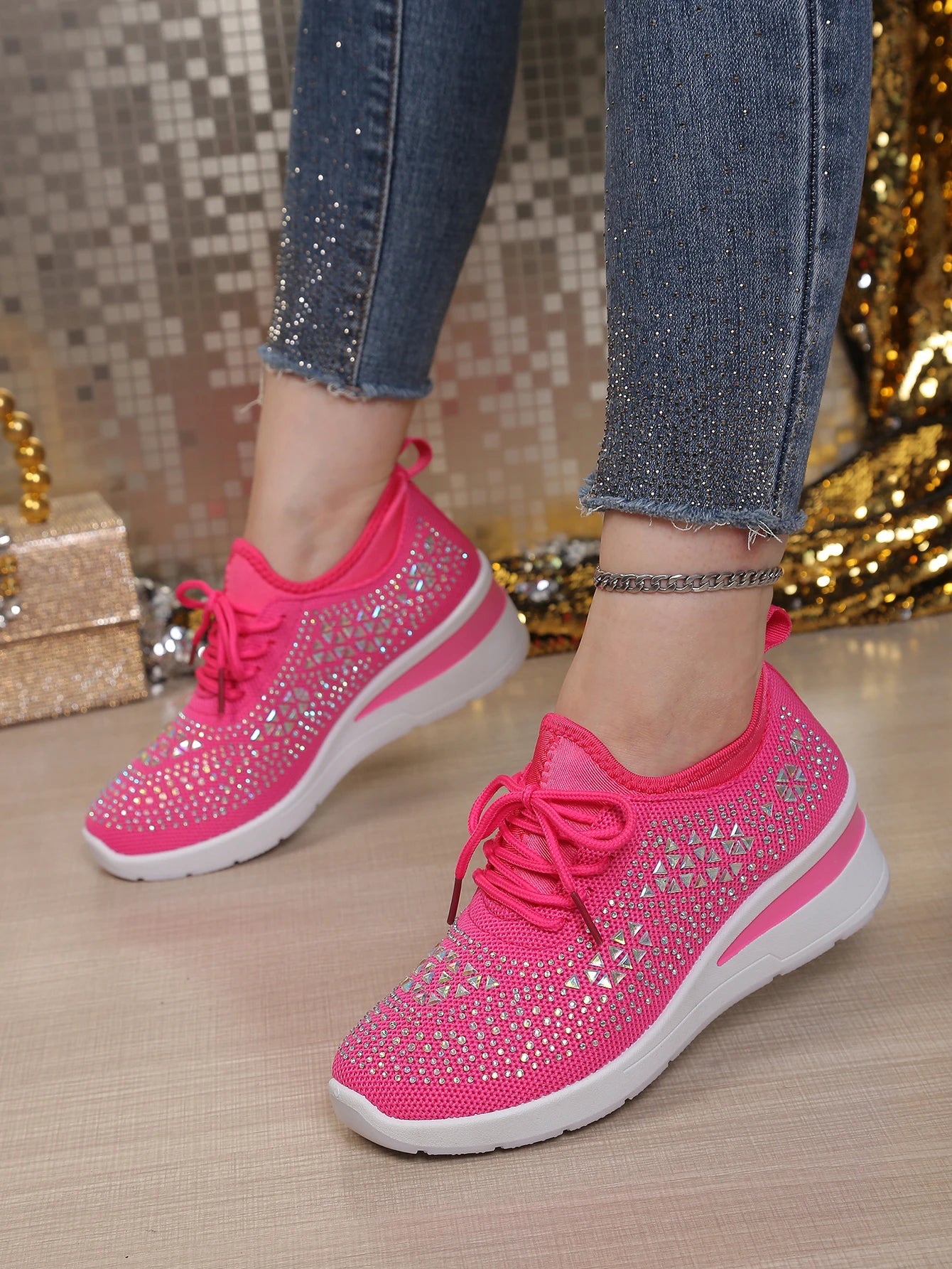 Women's Rhinestone Embellished Knit Mesh Wedge Sneakers, Adjustable Lace-Up Closure, Daily Walking Casual Footwear Pi-Mart