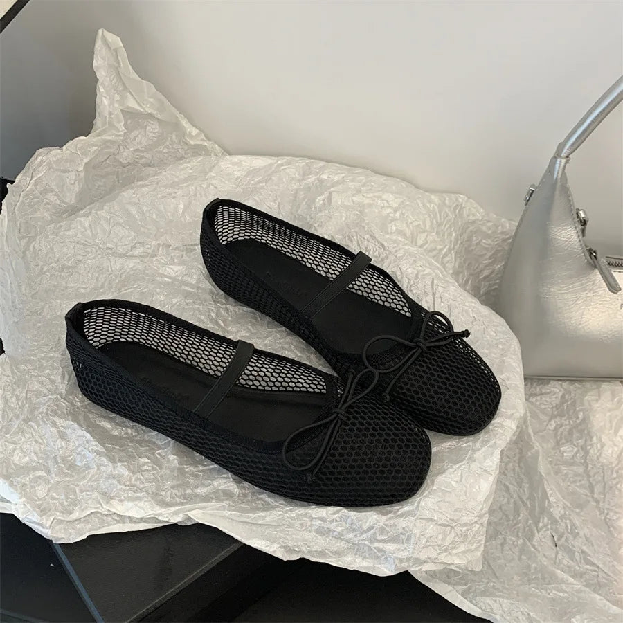 2025 New Luxury Spring/Summer Women Mesh Hollow Elastic Band Flat Bottom Non slip Casual Shoes Flat Bottom Shoes Pi-Mart