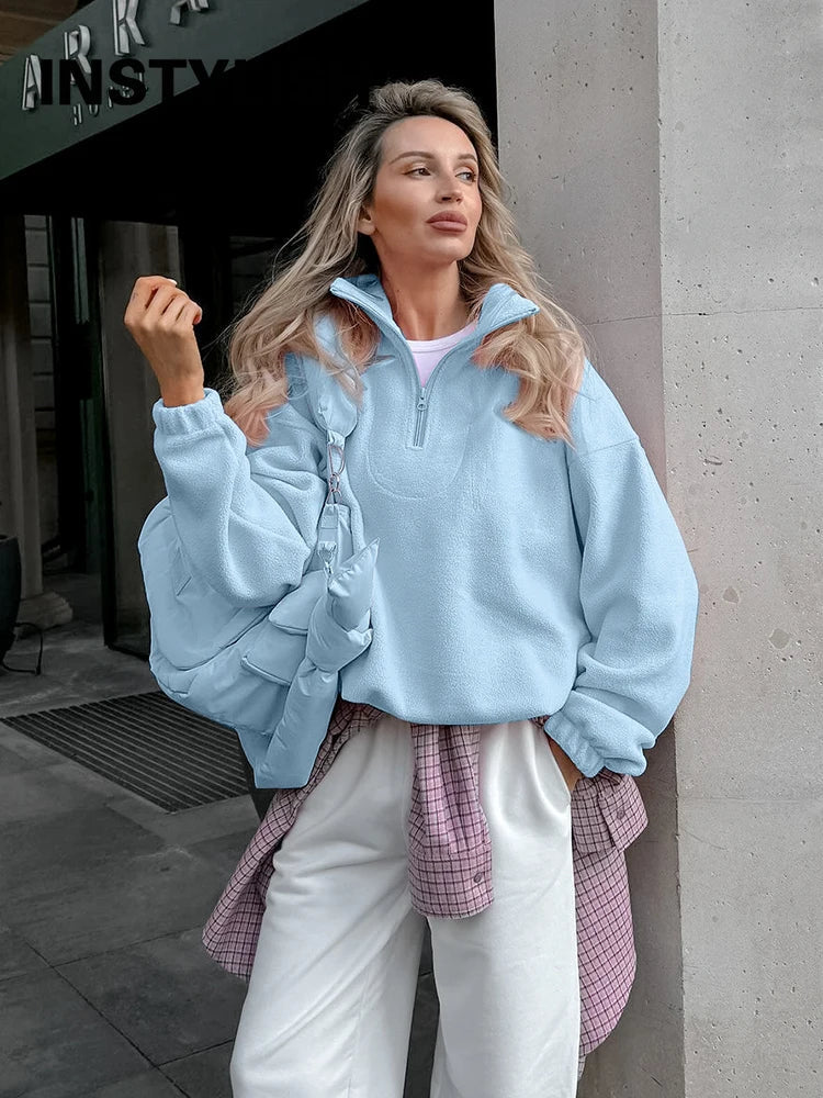 Women Autumn Winter Fleece Hoodies Elegant Stand Collar Zipper Loose Sweatshirt Elegant Solid Pullover Casual Top Streetwear LadyShow.Store