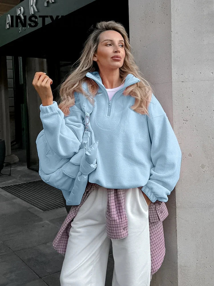 Women Autumn Winter Fleece Hoodies Elegant Stand Collar Zipper Loose Sweatshirt Elegant Solid Pullover Casual Top Streetwear LadyShow.Store