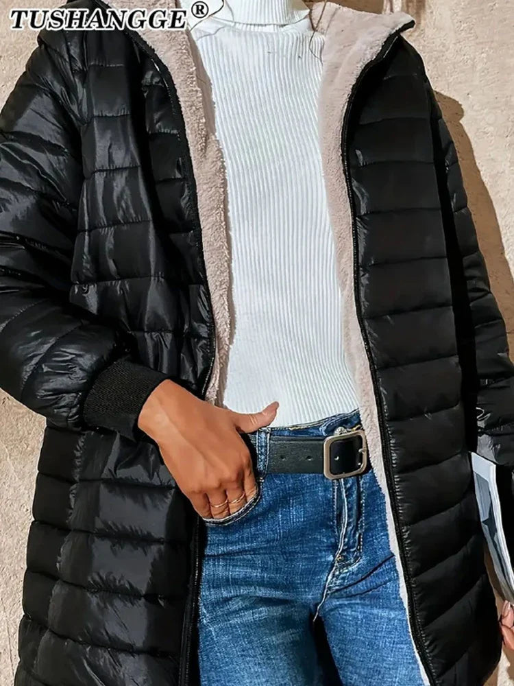 New Mid Length Korean Edition Hooded Fit Women Jackets Autumn Winter Mid-length Office Cotton Coats Warm Lamb Fleece Parkas LadyShow.Store