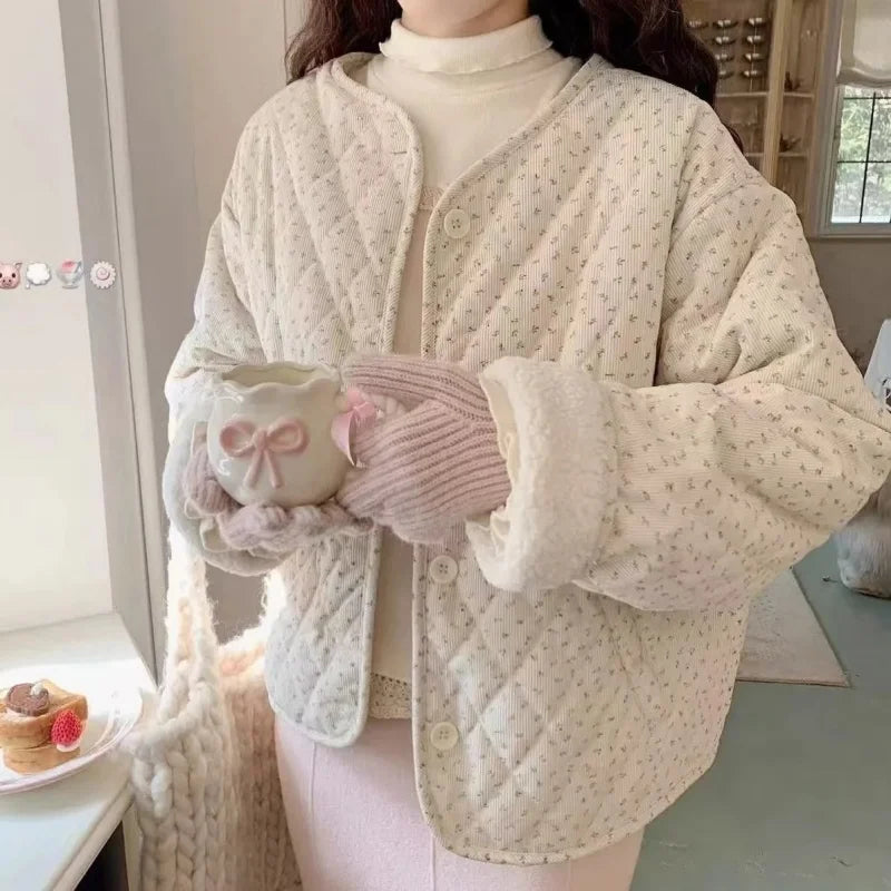Chic Floral Corduroy Jacket for Women - Korean Loose Fit Round Neck Long Sleeve Cotton Top, Warm Versatile Autumn Winter Shacket Pi-Mart