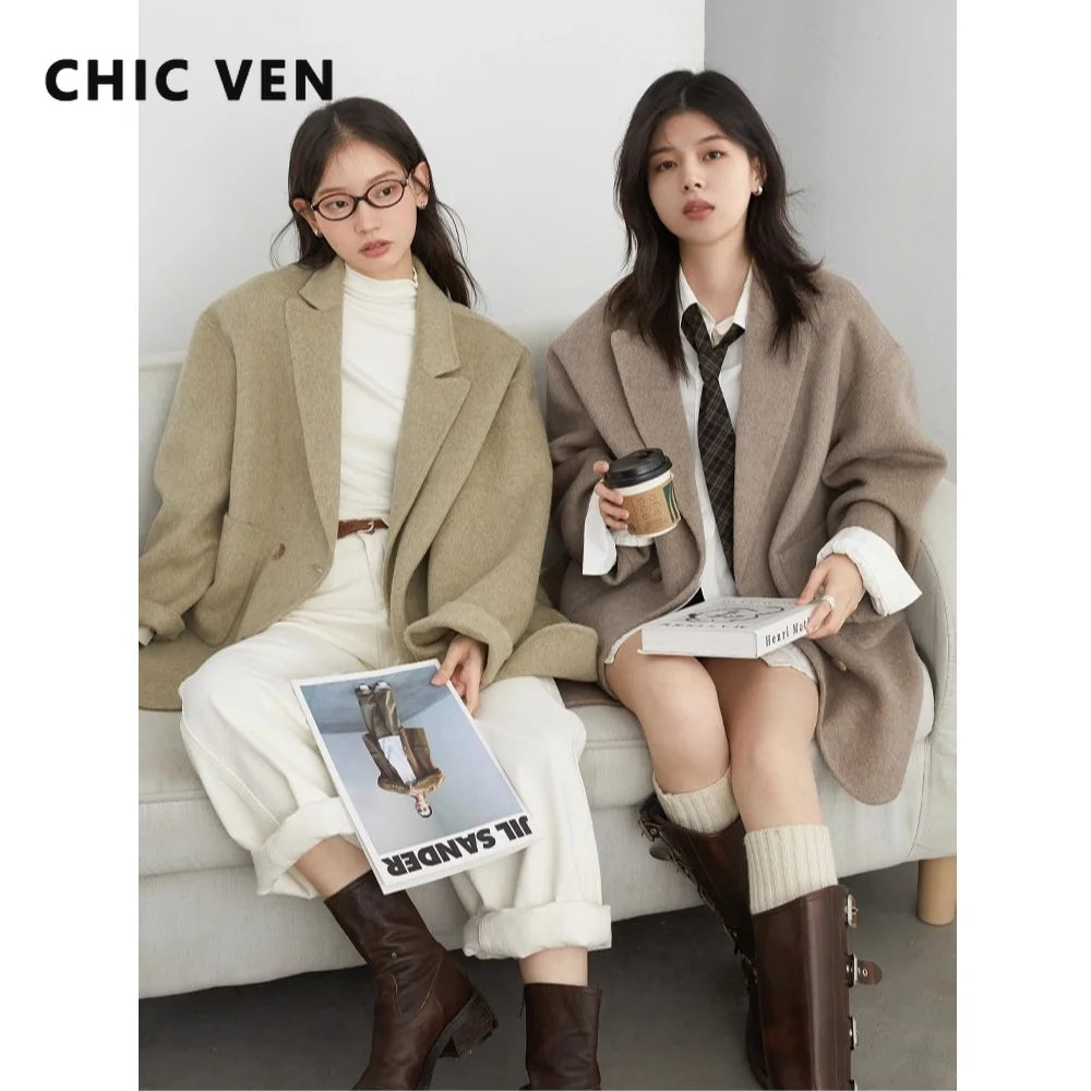 CHIC VEN New Women Woolen Coat Loose Solid Mid-length Double-sided Oversized Office Ladies Jackets Outerwear Autumn Winter 2026 Pi-Mart