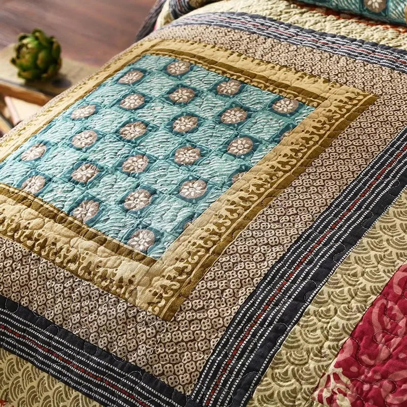 Vintage Patchwork Cotton Quilt Set 3PCS King/Queen - All-Season Thin Comforter Bedspread,Breathable Quilted Coverlet Bedding Pi-Mart