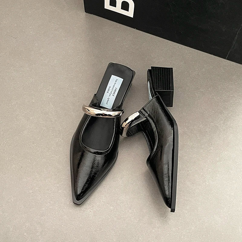 Summer Women Cover Toe Mules Slippers Fashion Metal Decoration Thick Heel Slide Shoes Comfort Street Style Footwear LadyShow.Store
