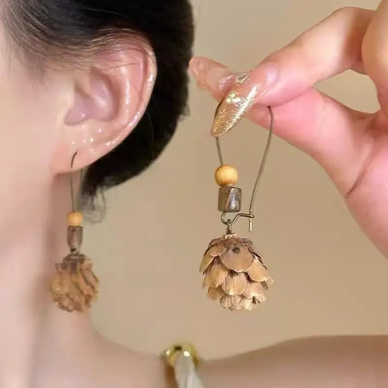 1Pair Vintage Wooden Plant Earring For Women Creative Natural Plant Dried Fruits Drop Earrings Ethnic Jewelry Pi-Mart