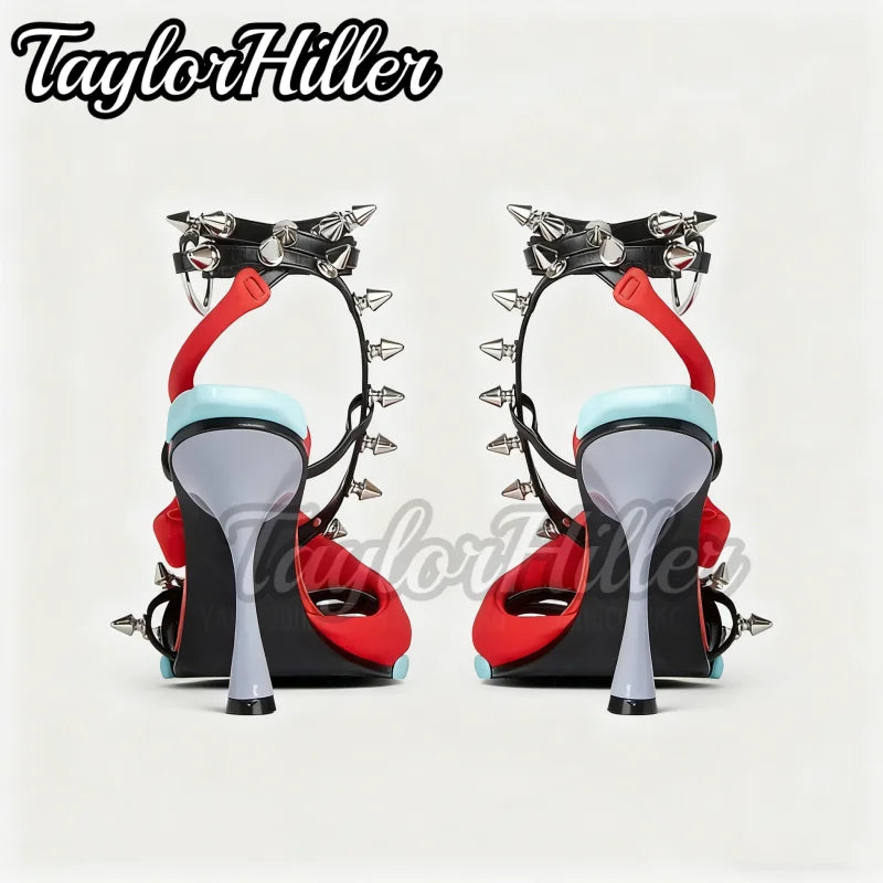 Punk Style Rivets Flower Heeled Sandals Open Toe Mixed Color High Heels Women Luxury Designer Summer Spike Heel Shoes Y2K Shoe LadyShow.Store
