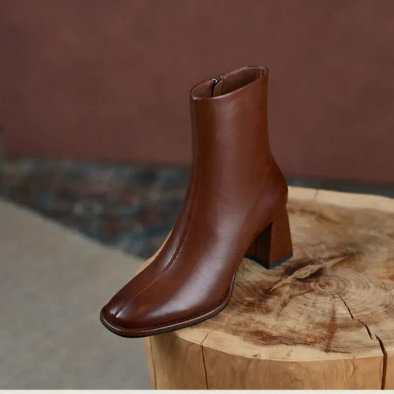 2024 Autumn and Winter New Fashion Square Head Retro High Thick Heel Side Zipper Skinny Short Boots Women's All-match Nude Boots Pi-Mart