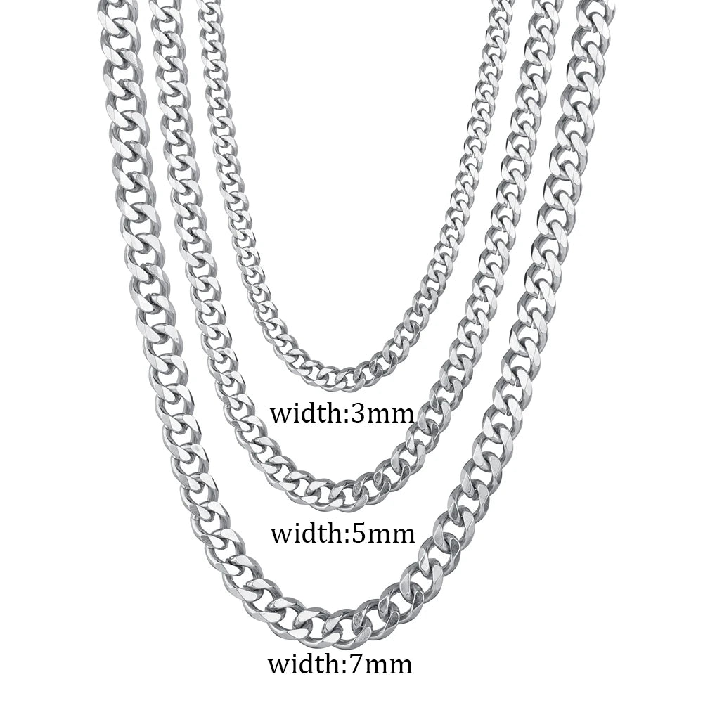 3/5/7mm Stainless Steel Cuban Link Chain Classic Punk Personality Jewelry Simple Fashion Hip-hop Couple Necklace for Men Women Pi-Mart