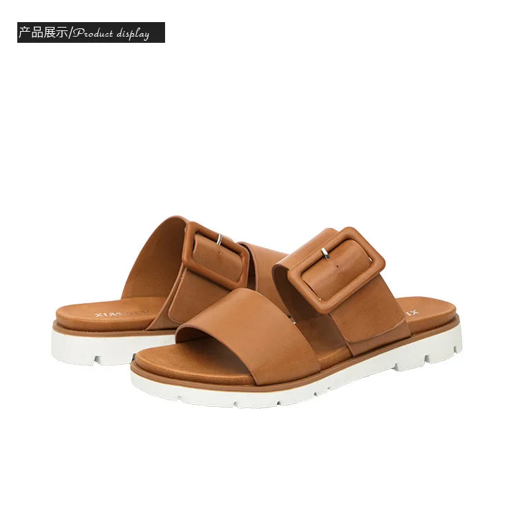 Adjustable Square Buckle Women Slide Sandals Two Strap Platform Slippers Low Heel Soft Sole Summer Open Toe Walking Casual Shoes Pi-Mart