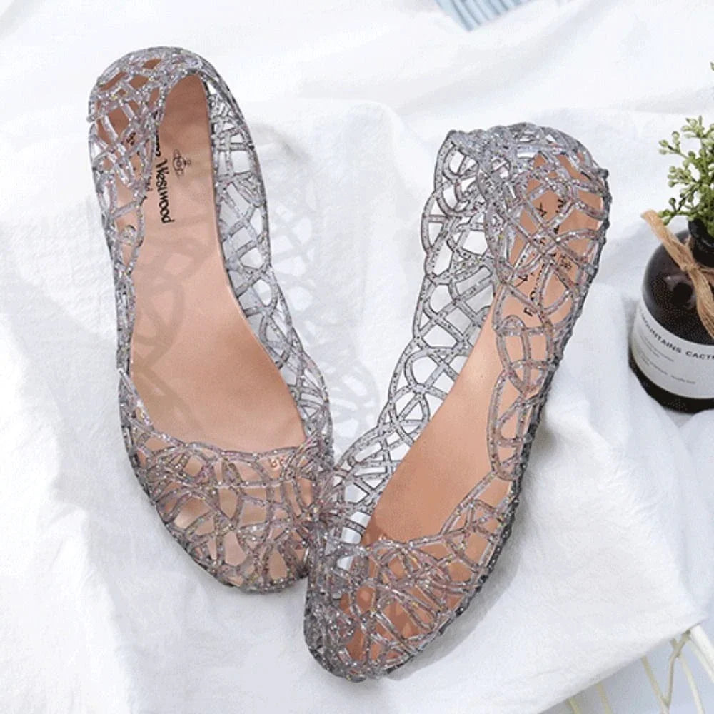 Comfortable Flat-soled Women Sandals Clear Shallow Mouth Beach Jelly Shoes Breathable Hollow Out Bling Sandals Footwear LadyShow.Store