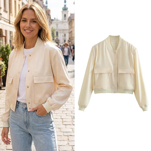 Willshela Women Fashion Solid Bomber Jackets Coat With Pockets V-Neck Single Breasted Long Sleeves Female Chic Lady Outfits LadyShow.Store
