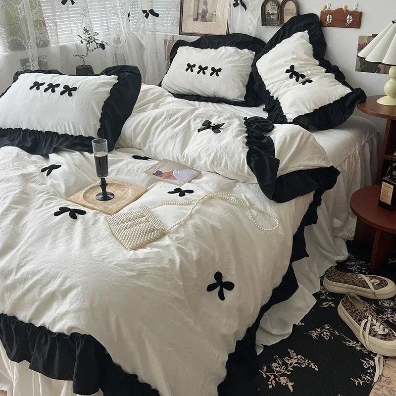 Black Bow Cotton Bedding Set, Princess Style Cute Girl Skin Friendly Soft Duvet Cover, Bed Sheet or Bed Skirt Pillowcase Pi-Mart