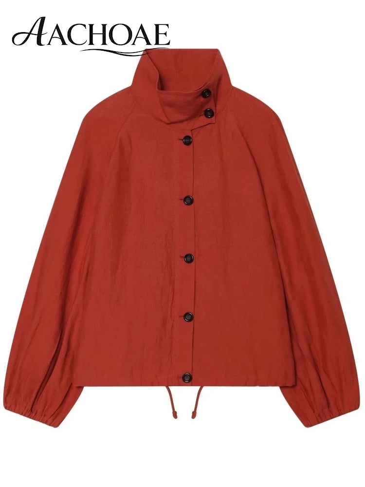 AACHOAE Women High Neck Lightweight Jacket Casual Long Sleeve Windbreaker Coat Drawstring Hem Button Front Short Outerwear Pi-Mart