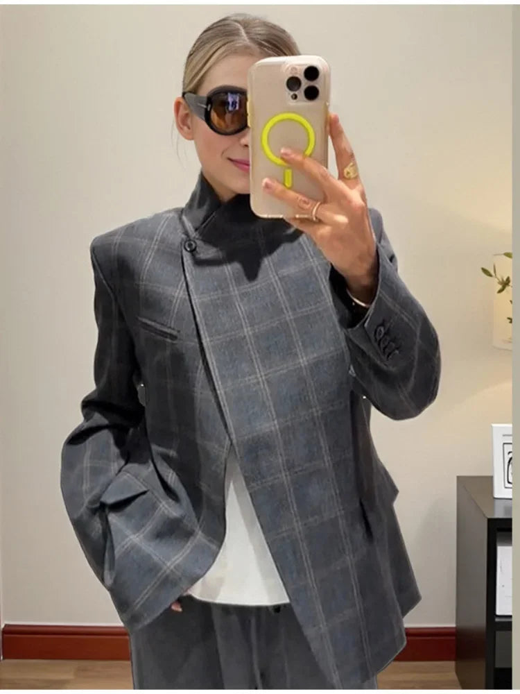 Chic Plaid Women Blazer Jackets Casual Split Loose Stand Collar Full Sleeve Short Jacket 2026 Lady Fashion Daily Commute Outwear LadyShow.Store