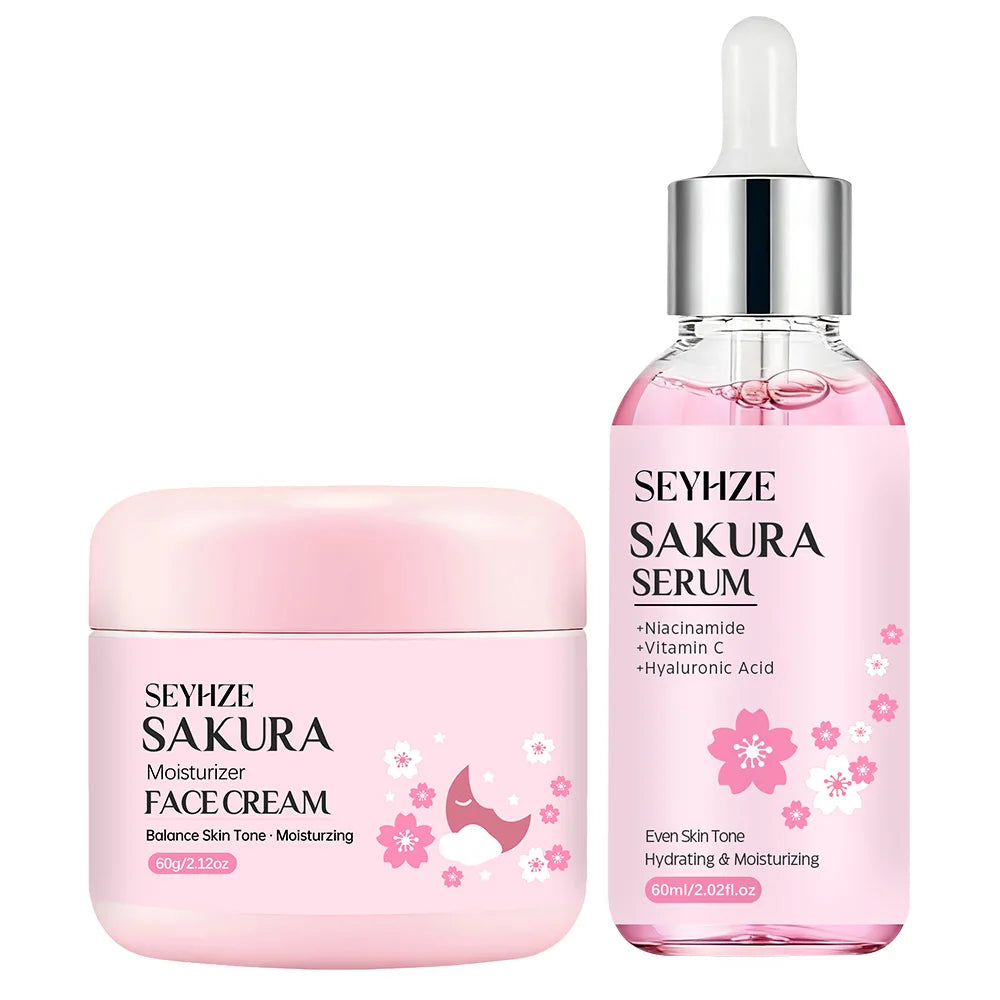 SEYHZE Sakura Collagen Essence + Moisturizing Cream Facial Care Set - 2pcs Packed with Collagen Peptides Vitamin C/E Aloe Niacin Pi-Mart