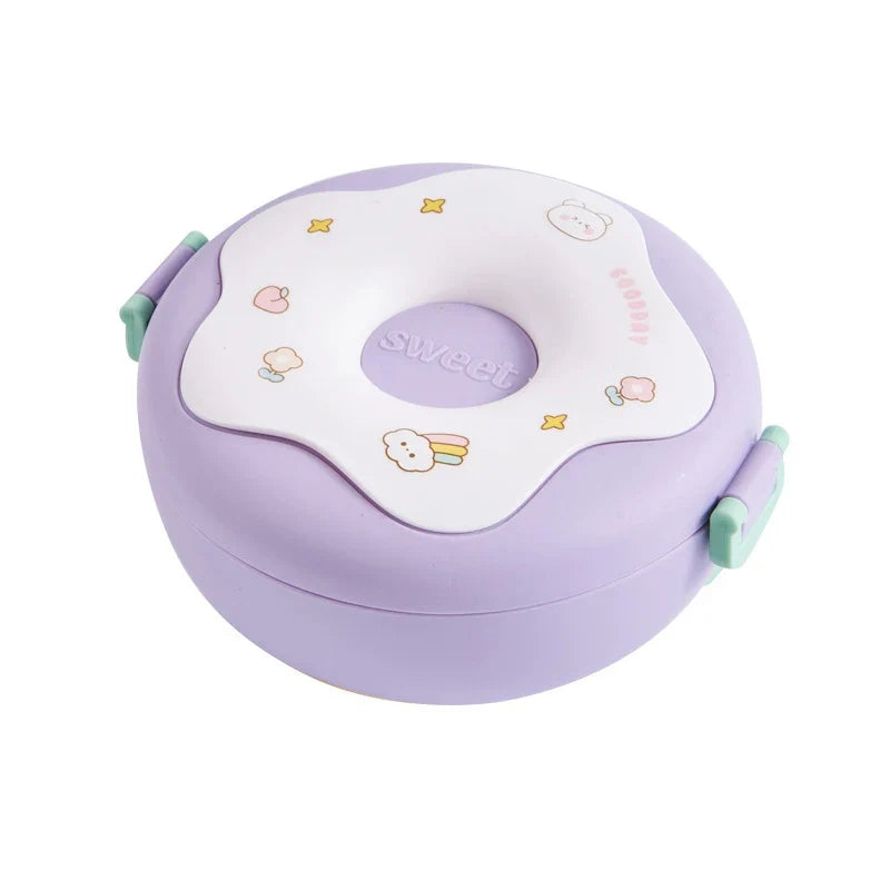 Lunch Box For Kid School Child Snack Box Donut Cartoon Leakproof Bento Box Lunch Bags With Fork Spoon 3 Compartment Microwavable LadyShow.Store