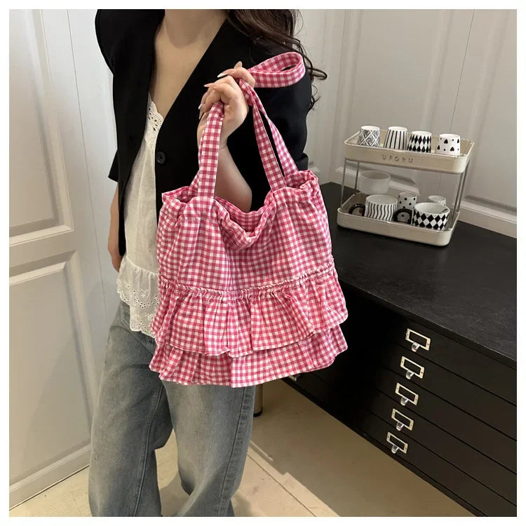 Large Capaci Cute Plaid Cotton Tote Bag  Lace Trim Women's Summer 2025 Simple Lady Handbag Soft Shoulder Bags Bolsa Feminina Pi-Mart
