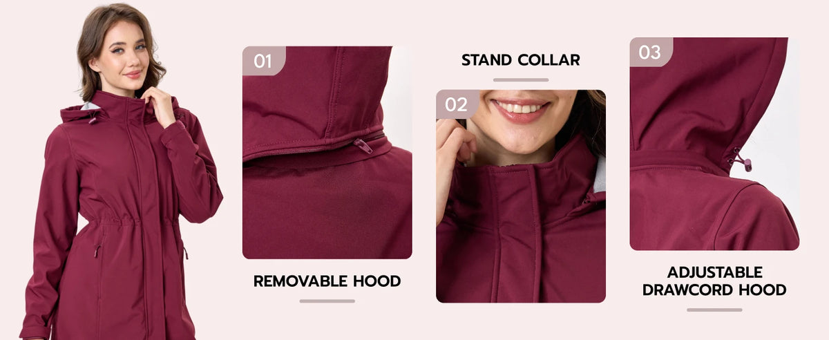 TACVASEN Women's Long Hooded Jacket Fleece Lined Softshell Jacket Waterproof Windproof Hiking Jacket Rain Coat Windbreaker Parka Pi-Mart