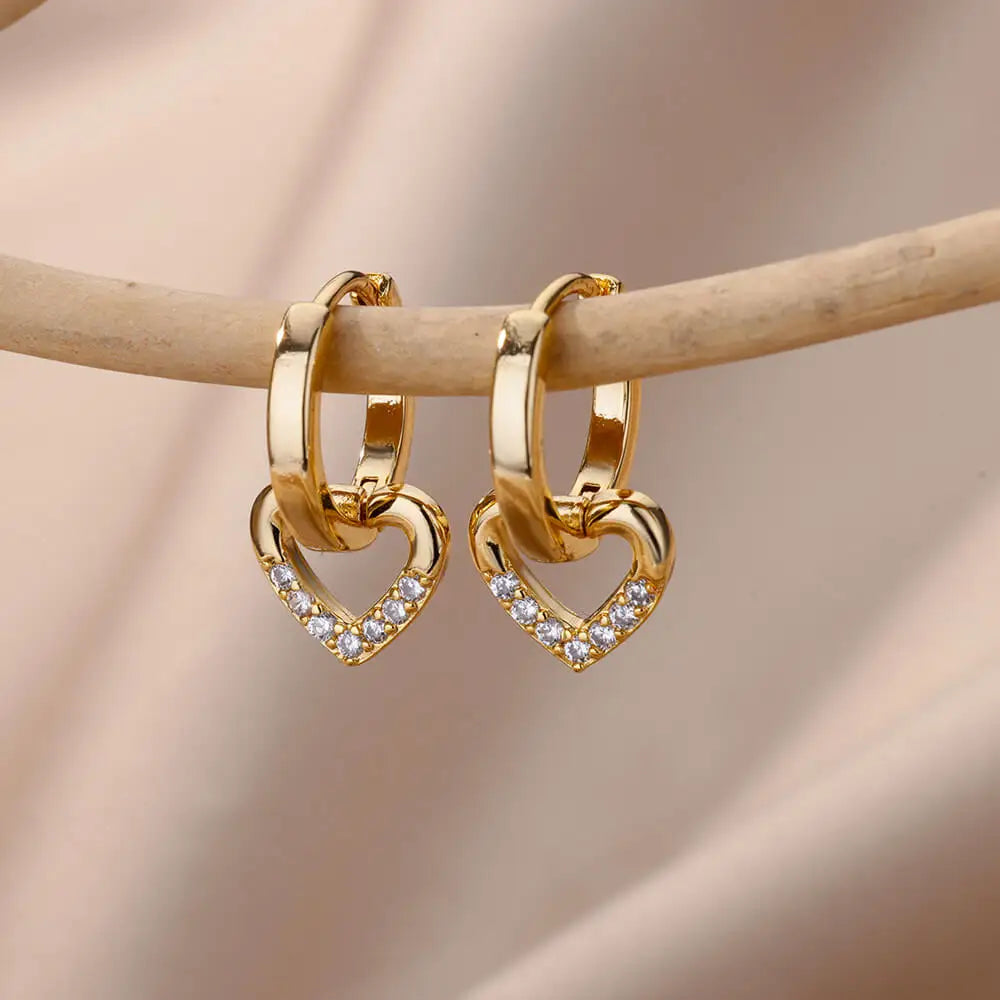 Hollow Zircon Heart Earrings For Women Stainless Steel Gold Color Heart Earring Luxury Wedding Couple Jewelry Gift Free Shipping Pi-Mart