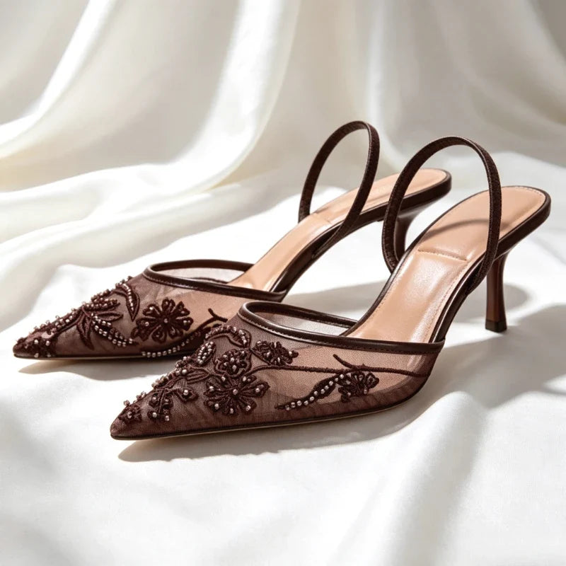 Mesh Embroider String Bead Detail High Heels Women Sexy Brown Pointed Toe Back Strap Heeled Sandals Summer Elegant Women Shoes LadyShow.Store