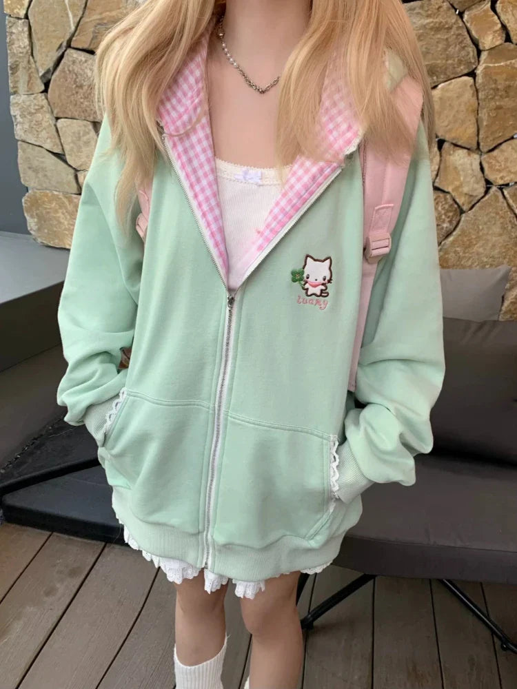 Japanese Sweet Coats Y2K Clothing Hoodie Women Tops Autumn and Winter Color Match Splicing with Thick Velvet Cardigan Jackets LadyShow.Store