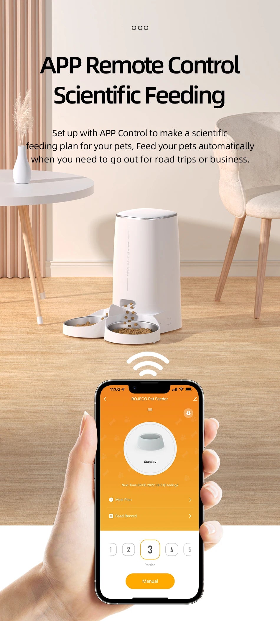 ROJECO Automatic Cat Feeder Pet Smart Cat Food Kibble Dispenser Remote Control Auto WiFi Double Feeder For Cats Dog Accessories Pi-Mart