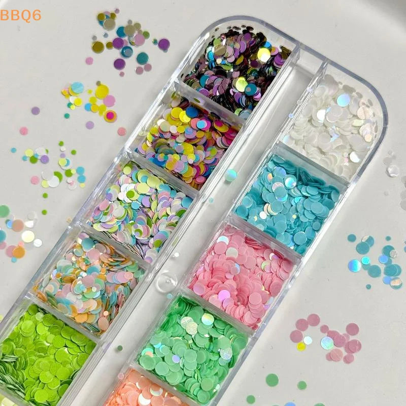 *12 Grids Mixed Mini Circular Colorful Nail Glitter Wave Point Sequin Sparkling Flower DIY Nail Decoration Nail Charms Pi-Mart