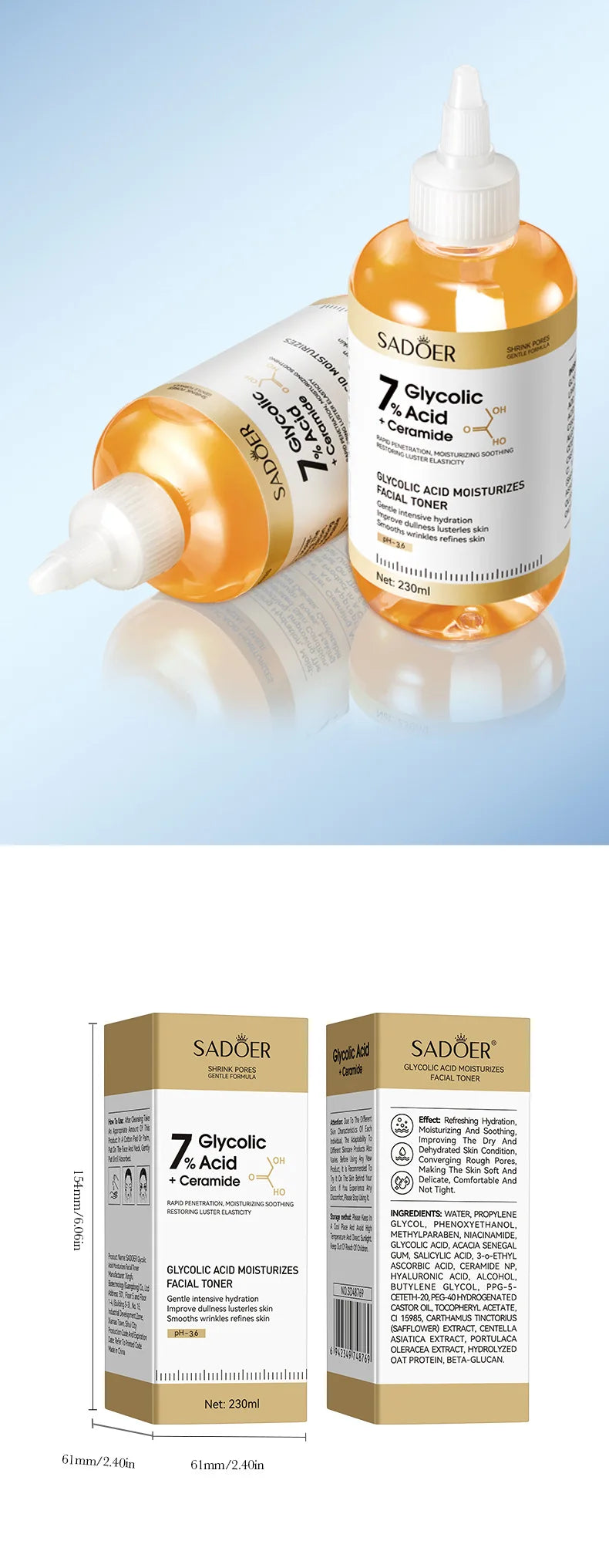 Toner SADOER Glycolic Acid Soothing Moisturizing Serum Improves Dirty and Dry Skin Fine Lines Pi-Mart