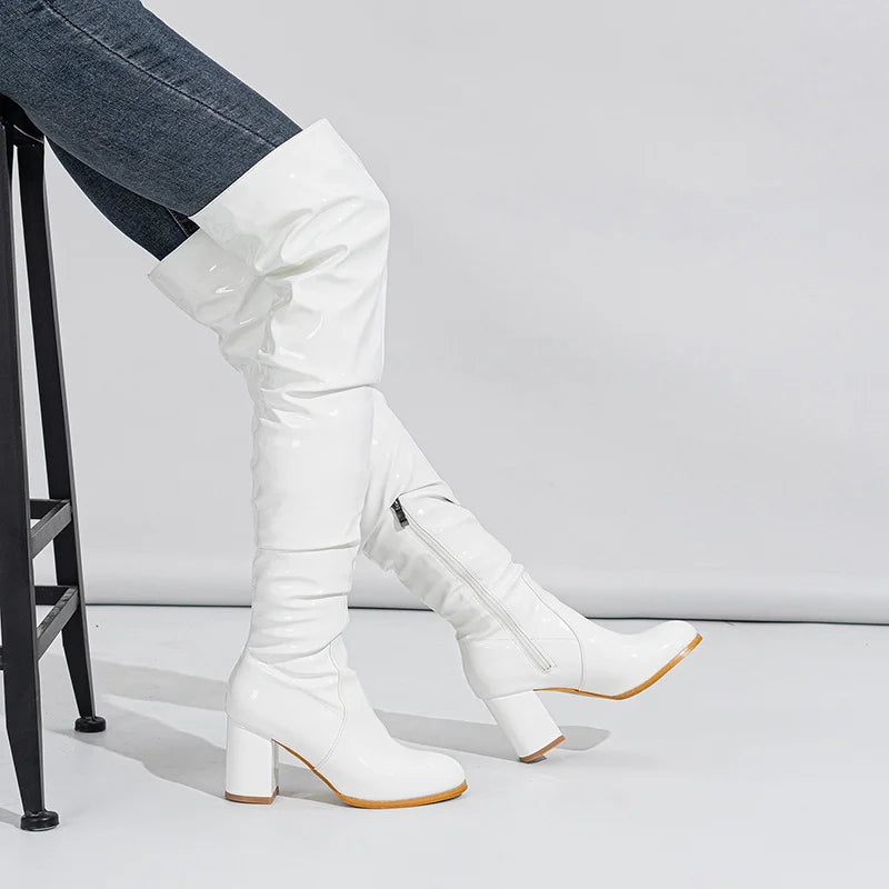 Hlieny 2026 Winter New Thigh High Boots Fashion Patent Leather Round Toe Zip Female Square Heels Pleated Design Women's Shoes Pi-Mart