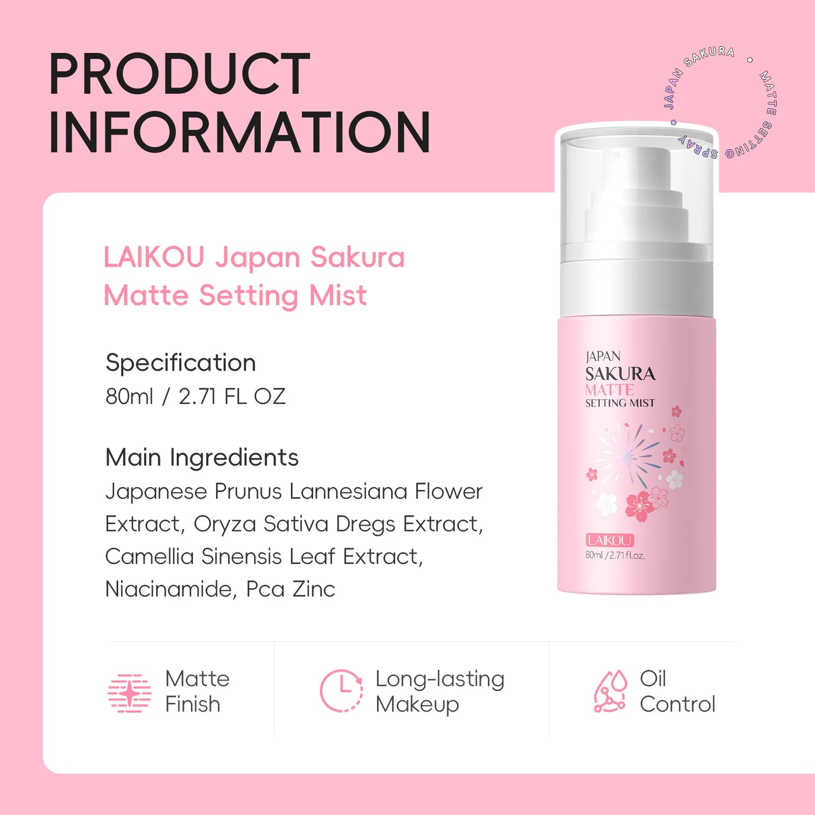 Sakura Matte Setting Spray 80ml Long Lasting Makeup Fixer Moisturizing Oil Control Non Sticky Face Mist For All Day Fresh Look Pi-Mart